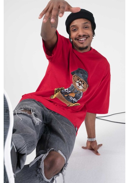 Oversize Bisiklet Yaka Baskılı Kısa Kollu T-Shirt Kırmızı