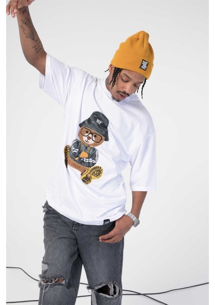 Oversize Bisiklet Yaka Baskılı Kısa Kollu T-Shirt Beyaz