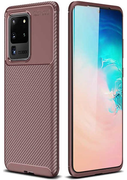- Samsung Galaxy S20 Ultra - Kılıf Auto Focus Karbon Negro Silikon Kapak - Kahverengi - T11776
