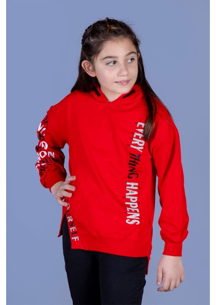 Kız Çocuk Kapüşonlu Yırtmaç Detaylı Baskılı Sweatshirt
