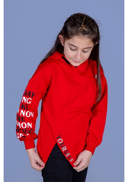 Kız Çocuk Kapüşonlu Yırtmaç Detaylı Baskılı Sweatshirt