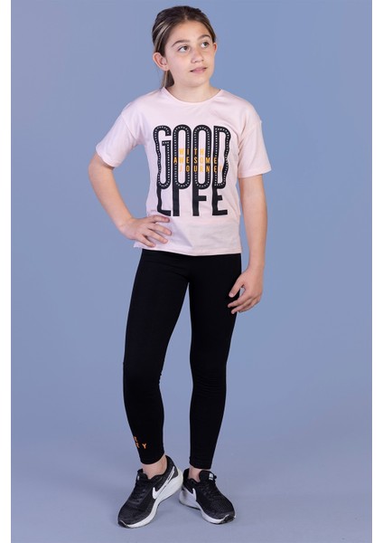 Kız Çocuk Baskılı Taş Işlemeli Taytlı Takım