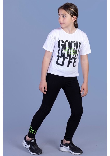 Kız Çocuk Baskılı Taş Işlemeli Taytlı Takım