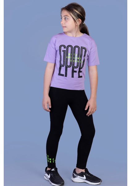 Kız Çocuk Baskılı Taş Işlemeli Taytlı Takım