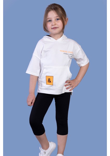 Kız Çocuk Baskılı Kapüşonlu Kanguru Cepli Taytlı Takım