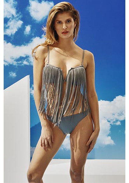 Püsküllü Straplez Gri Bikini Takımı