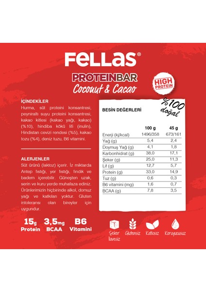 Yüksek Protein Bar - Hindistan Cevizi ve Kakaolu 45 gr x 12 Adet fırsatları
