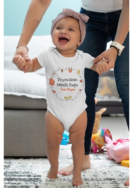 Unisex Bebek Beyaz Teyzesinin Can Kuşu Desenli Kısa Kol Body