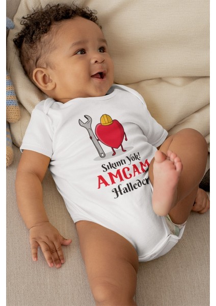 Unisex Bebek Beyaz Sıkıntı Yok Amcam Halleder Desenli Kısa Kol Body