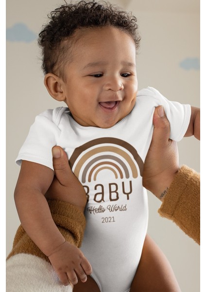 Unisex Bebek Beyaz Rainbow Hello World Desenli Kısa Kol Body