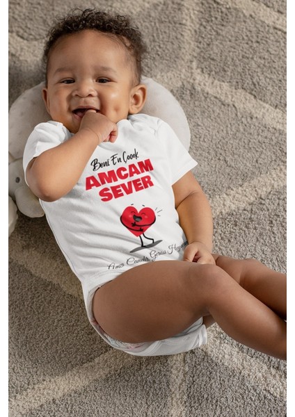 Unisex Bebek Beyaz Beni En Çok Amcam Sever Desenli Kısa Kol Body