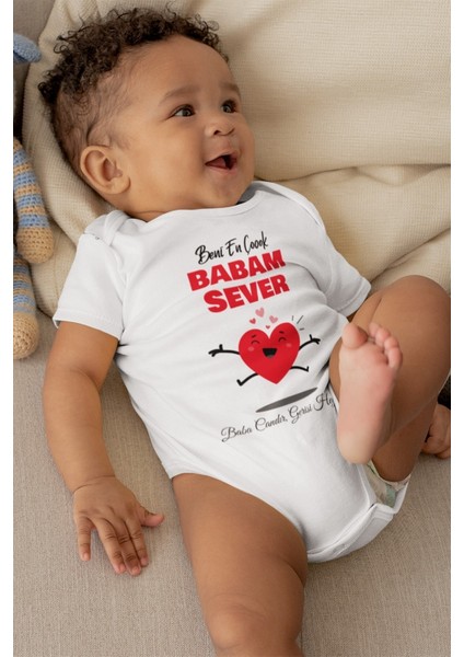 Erkek Bebek Beyaz Babam Beni Sever Baskılı Kısa Kol Zıbın