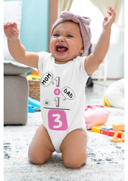 Kız Bebek Beyaz Mam Dad 1+1=3 Desenli Kısa Kol Body