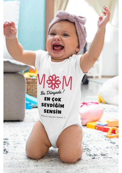 Unisex Bebek Beyaz En Çok Sevdiğim Sensin Mom Desenli Kısa Kol Body
