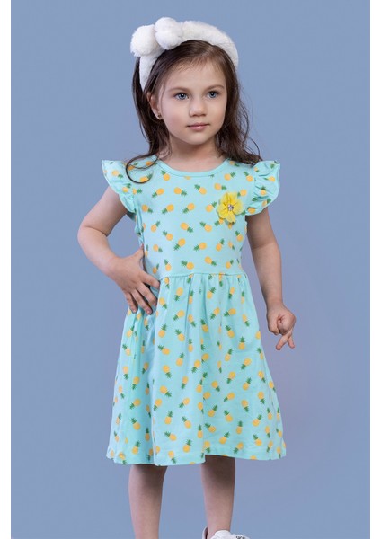 Toontoy Kız Çocuk Komple Ananas Baskılı Çiçek Aksesuarlı Elbise