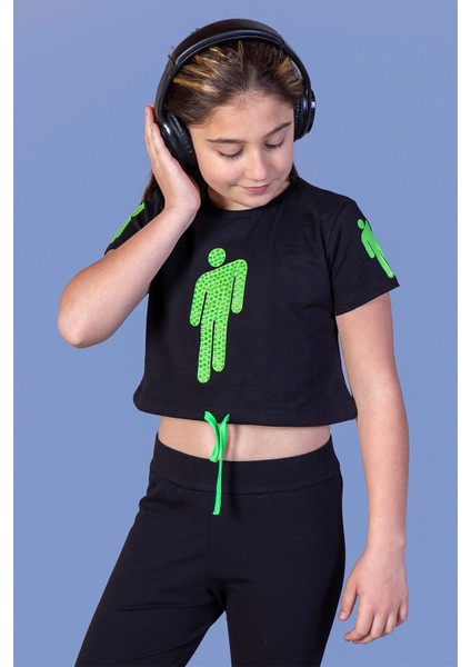 Toontoy Kız Çocuk Crop Model Baskılı Taş Işlemeli Tişört