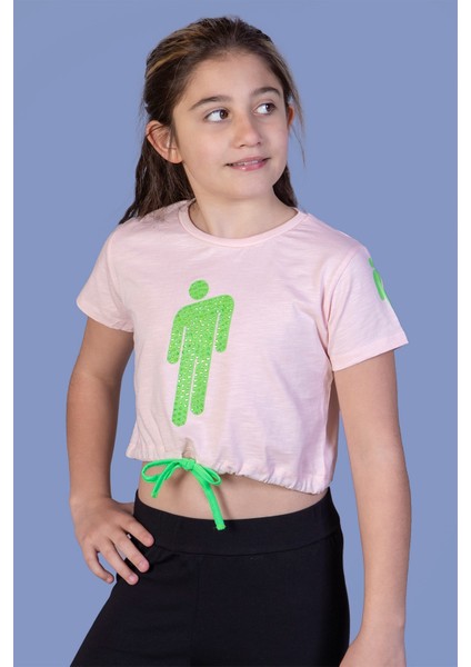 Toontoy Kız Çocuk Crop Model Baskılı Taş Işlemeli Tişört