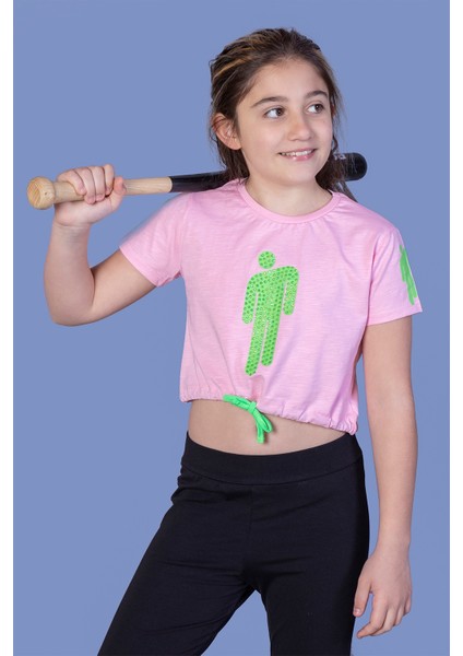 Toontoy Kız Çocuk Crop Model Baskılı Taş Işlemeli Tişört