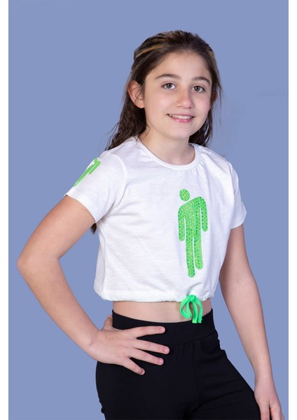 Toontoy Kız Çocuk Crop Model Baskılı Taş Işlemeli Tişört
