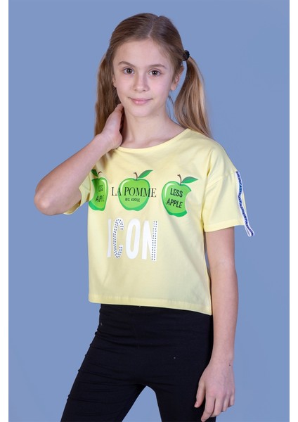 Toontoy Kız Çocuk Crop Model Elma Baskılı Tişört