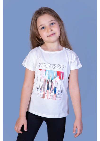 Toontoy Kız Çocuk Dijital Baskılı Taş Işlemeli Tişört