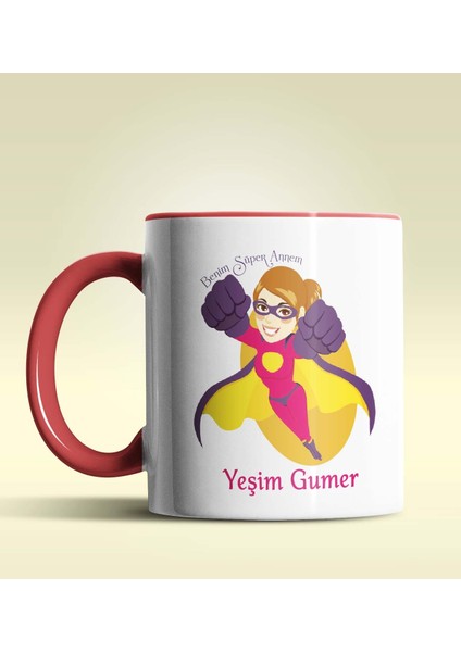 Kişiye Özel Benim Süper Annem Tasarımlı Kırmızı Kupa Bardak