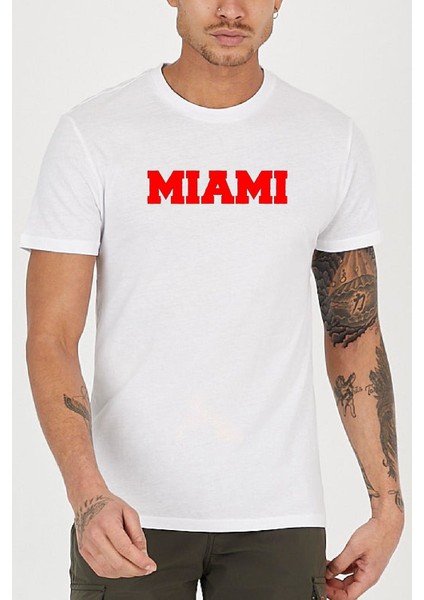 Miami Slogan Baskılı Bisiklet Yaka Erkek Tişört