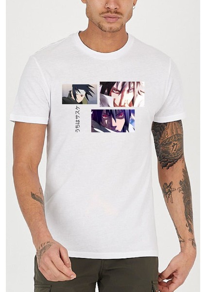 Sasuke Uchiha Anime Baskılı Bisiklet Yaka Erkek Tişört