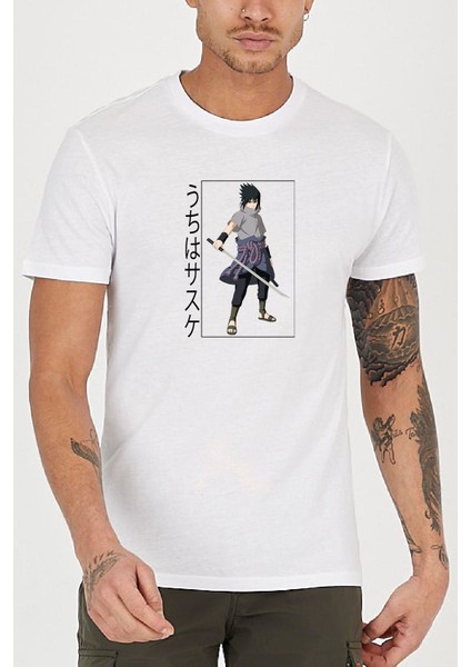 Sasuke Uchiha Anime Baskılı Bisiklet Yaka Erkek Tişört