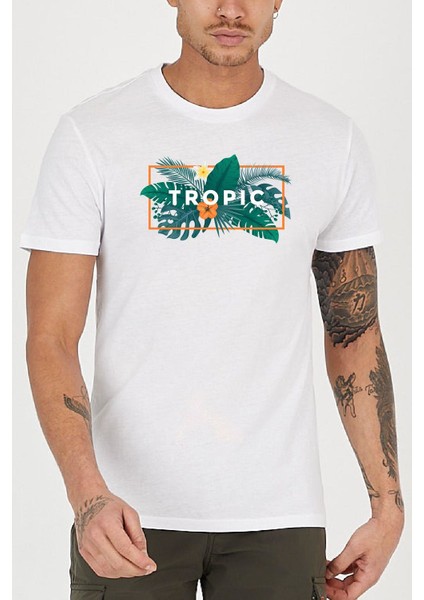 Tropic Palmiye Baskılı Bisiklet Yaka Erkek Tişört