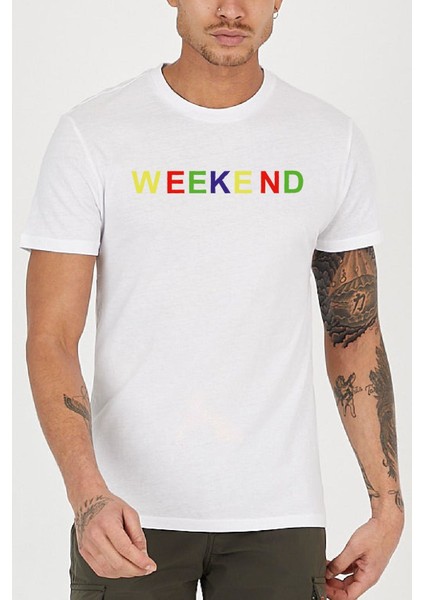 Renkli Weekend Baskılı Bisiklet Yaka Erkek Tişört