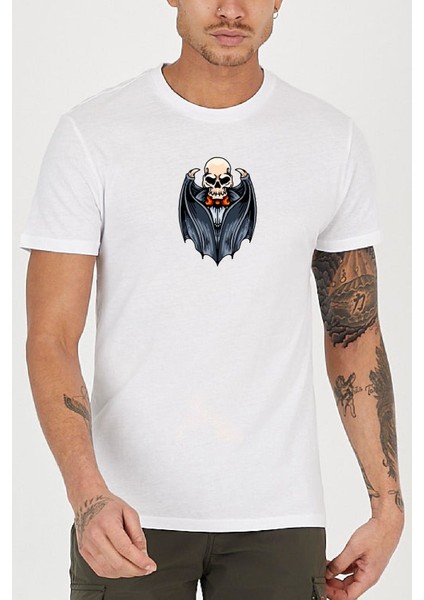 Iskelet Yarasa Baskılı Bisiklet Yaka Erkek Tişört