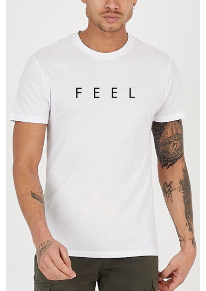 Feel Slogan Baskılı Bisiklet Yaka Erkek Tişört