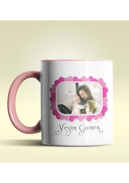 Kişiye Özel Kalp Çerçeveli Fotoğraflı Tasarımlı Pembe Kupa Bardak
