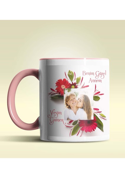 Kişiye Özel Çiçek Çerçeveli Fotoğraf 2 Temalı Pembe Kupa Bardak