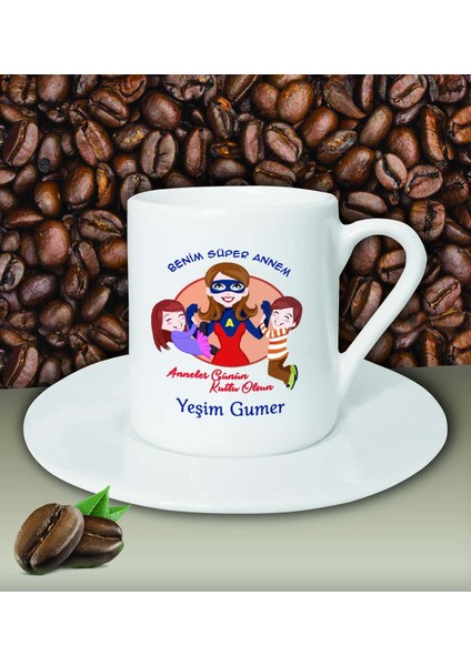 Kişiye Özel Benim Süper Annem 2 Tasarımlı Beyaz Kahve Fincanı