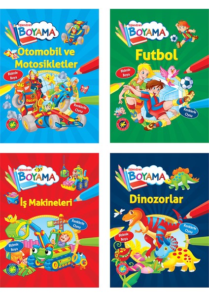 Eğlendiren Boyama Seti - Otomobil ve Motosikletler+Futbol+Iş Makineleri+Dinozorlar - 3+ Yaş - Okul Öncesi - 4 Kitap - Set