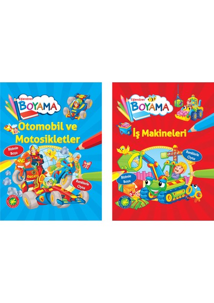 Eğlendiren Boyama Seti - Otomobil ve Motosikletler+Iş Makineleri - 3+ Yaş - Okul Öncesi - 2 Kitap - Set