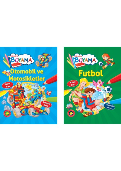 Eğlendiren Boyama Seti - Otomobil ve Motosikletler+Futbol - 3+ Yaş - Okul Öncesi - 2 Kitap - Set