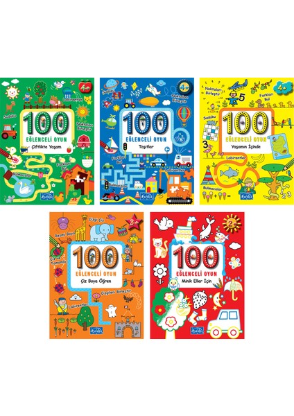 100 Eğlenceli Oyun Serisi - 2+ Yaş - Okul Öncesi - 5 Kitap - Set - Çiz - Boya - Bul - Kes - Yapıştır