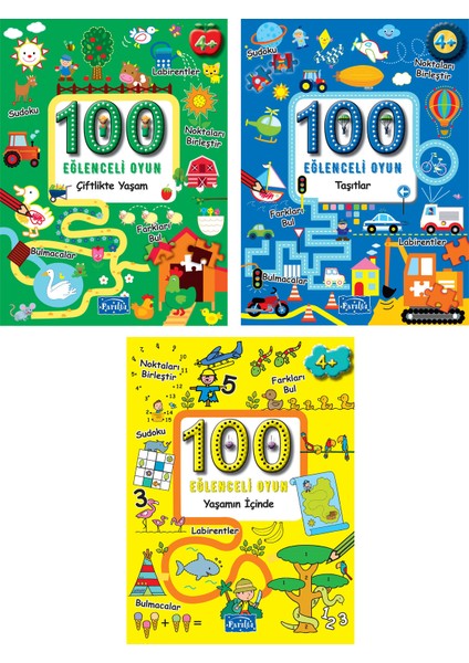 100 Eğlenceli Oyun Serisi - 4+ Yaş - Okul Öncesi - 3 Kitap - Set - Çiz - Boya - Bul - Kes - Yapıştır