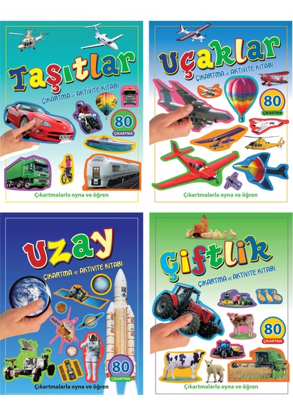 Çıkartma ve Aktivite Kitabı Serisi - Taşıtlar+Uçaklar+Uzay+Çiftlik - 4+ Yaş - Okul Öncesi - Set -4 Kitap - Çıkartma - Etkinlik - Aktivite