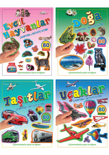 Çıkartma ve Aktivite Kitabı Serisi - Evcil Hayvanlar+Doğa+Taşıtlar+Uçaklar - 4+ Yaş - Okul Öncesi - Set - 4 Kitap - Çıkartma - Etkinlik - Aktivite