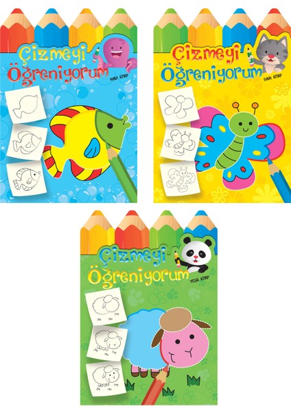 Çizmeyi Öğreniyorum Serisi - Sarı+Mavi+Yeşil Kitap -3+ Yaş - Okul Öncesi - 3 Kitap - Set - Çiz - Öğren