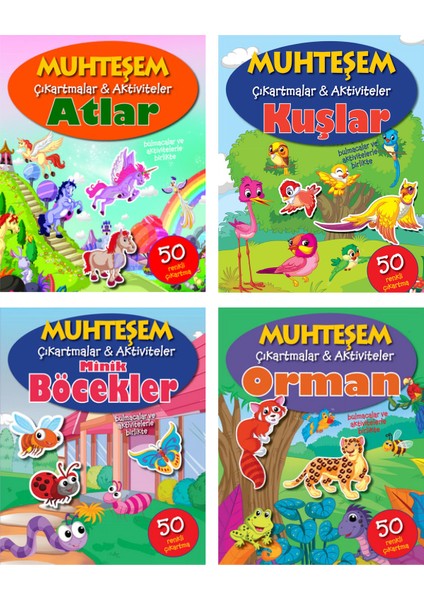 Muhteşem Çıkartmalar ve Aktiviteler Serisi 4 Kitap - Atlar+Kuşlar+Minik Böcekler+Orman - 3+ Yaş - Okul Öncesi - 4 Kitap - Set - Çıkartma - Etkinlik - Bulmaca