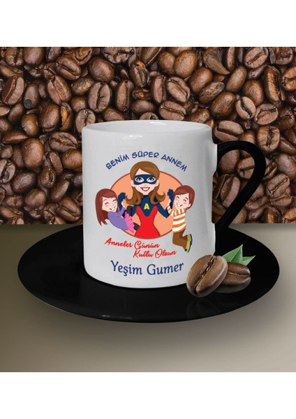 Kişiye Özel Benim Süper Annem 2 Tasarımlı Siyah Kahve Fincanı
