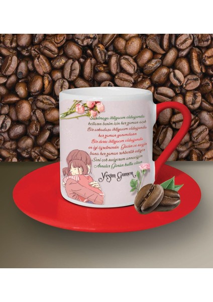 Kişiye Özel Anneler Günün Kutlu Olsun Tema Kırmızı Kahve Fincanı