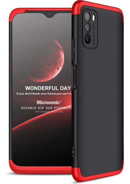 Xiaomi Poco M3 Kılıf Double Dip 360 Protective Siyah Kırmızı