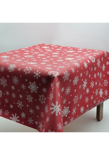 Kar Desen Kırmızı Astarlı Silinebilir Muşamba Masa Örtüsü