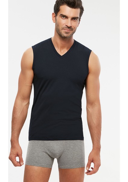 Erkek Penye Likra V-Yaka Kolsuz Francesco T-Shirt Atlet 2 Li Lacivert S-2xl